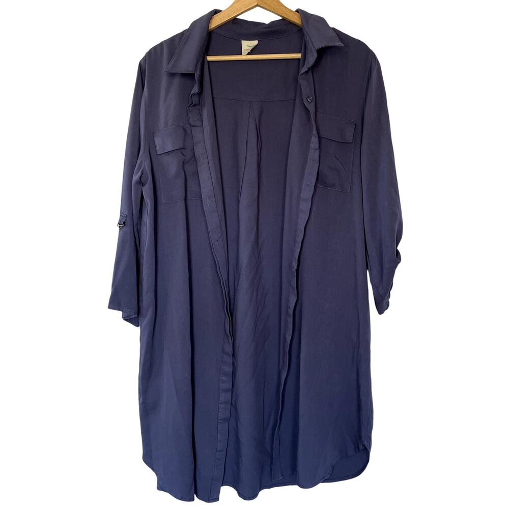 Hummingbird indigo rayon button down shirt dress sheath women's size large